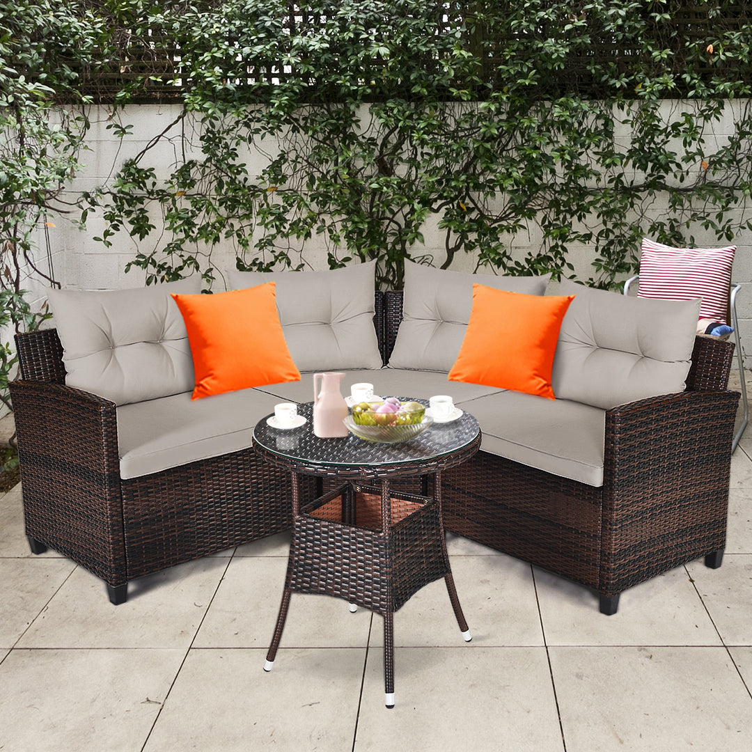 4PCS Patio Furniture Set Outdoor Rattan Sectional w/ Cushioned Sofa Table Image 1