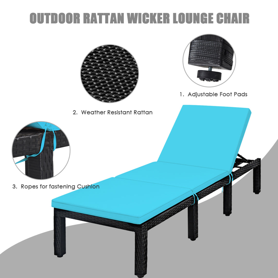 Adjustable Rattan Patio Chaise Lounge Chair Couch w/ Turquoise Cushion Image 10