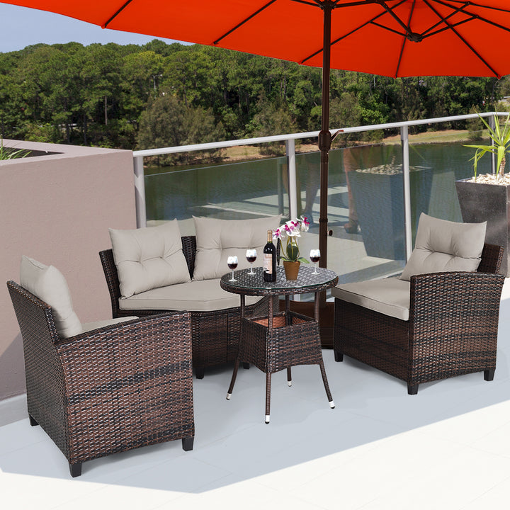 4PCS Patio Furniture Set Outdoor Rattan Sectional w/ Cushioned Sofa Table Image 3