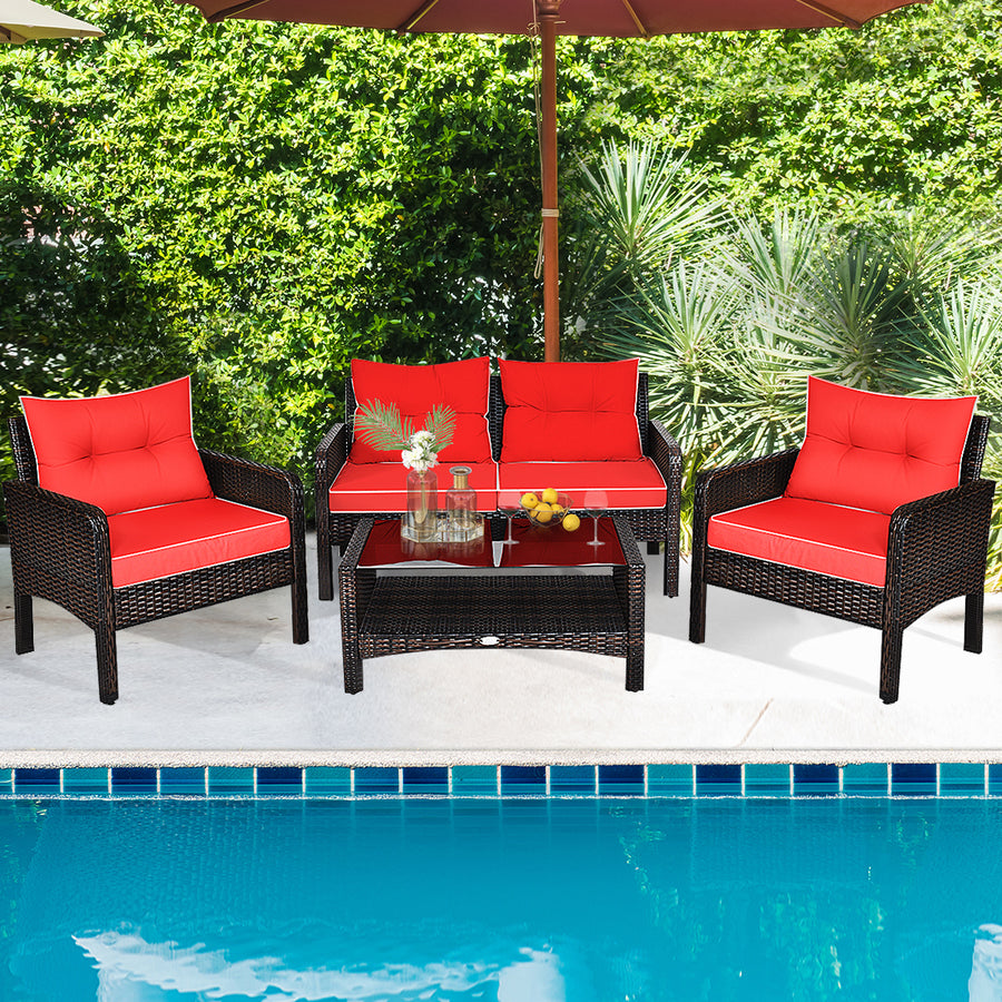 4PCS Rattan Patio Conversation Set Red Cushioned Outdoor Furniture Set Image 1