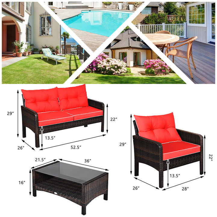 4PCS Rattan Patio Conversation Set Red Cushioned Outdoor Furniture Set Image 3