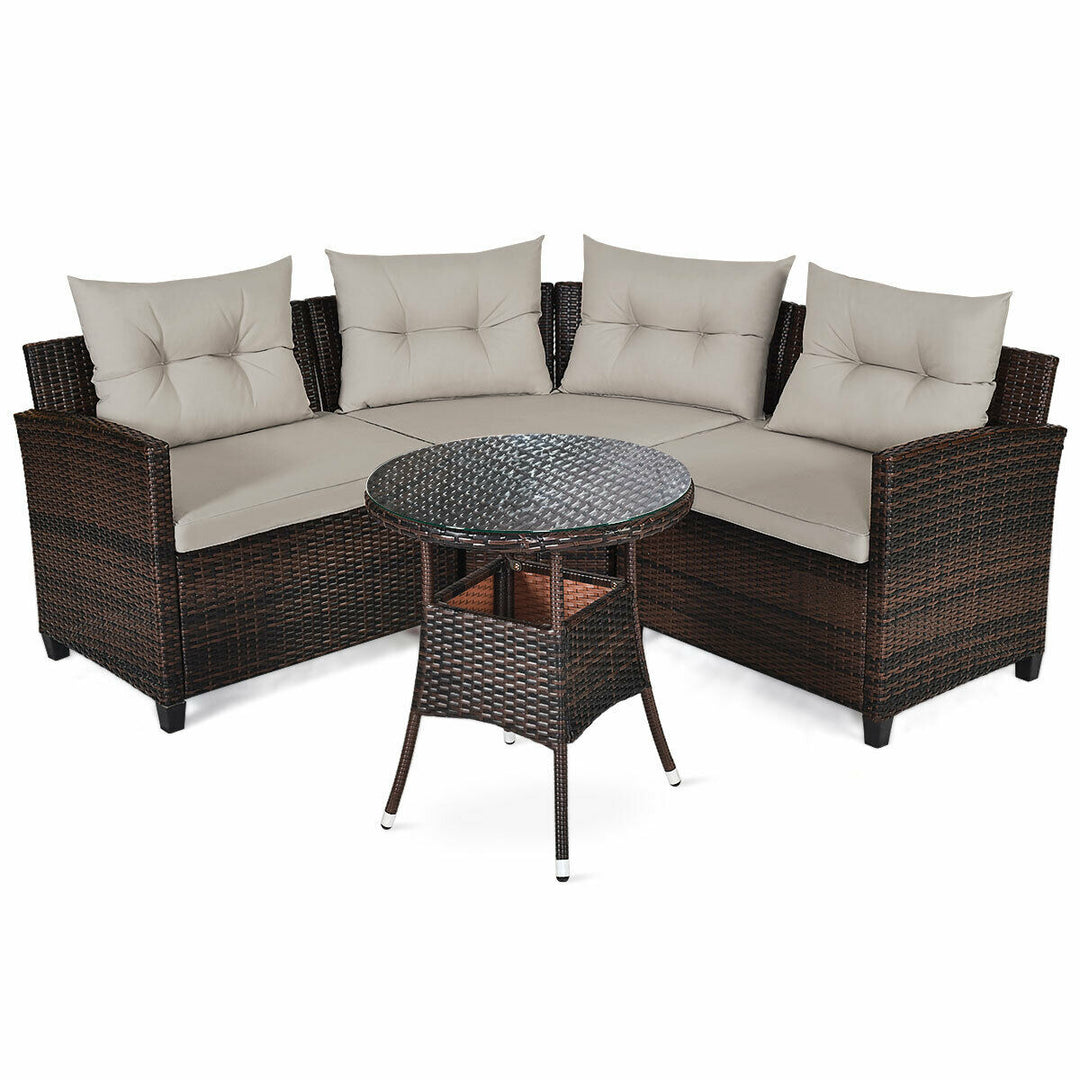 4PCS Patio Furniture Set Outdoor Rattan Sectional w/ Cushioned Sofa Table Image 2