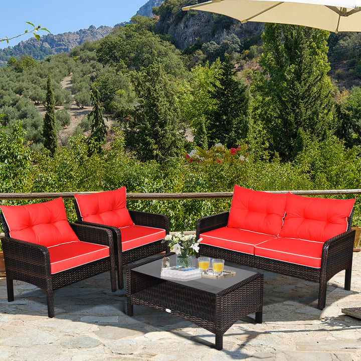 4PCS Rattan Patio Conversation Set Red Cushioned Outdoor Furniture Set Image 4