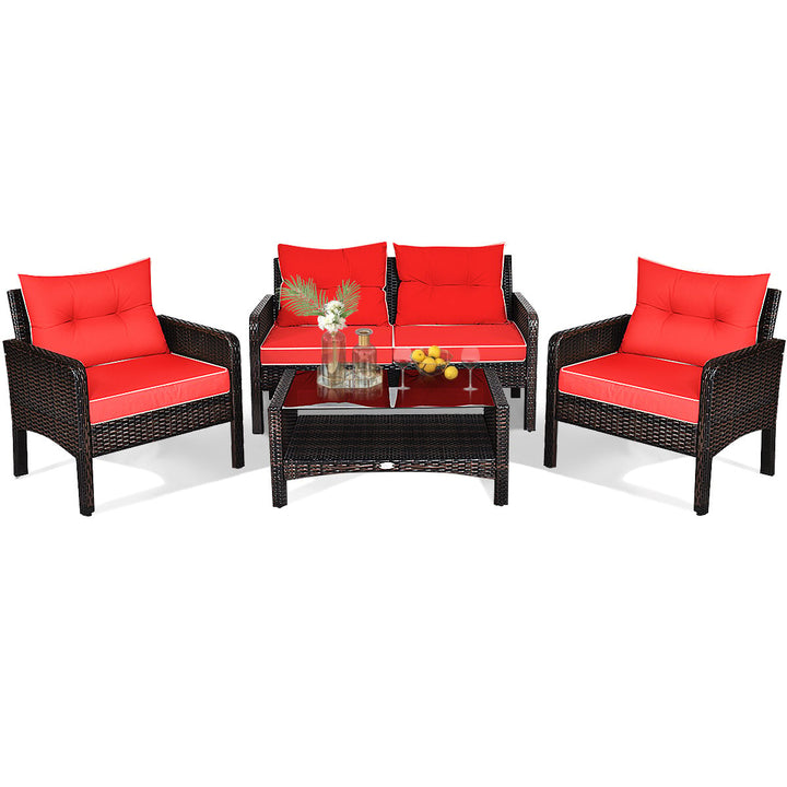 4PCS Rattan Patio Conversation Set Red Cushioned Outdoor Furniture Set Image 2