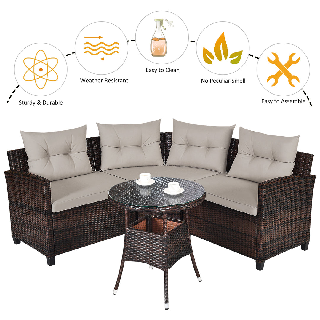 4PCS Patio Furniture Set Outdoor Rattan Sectional w/ Cushioned Sofa Table Image 8