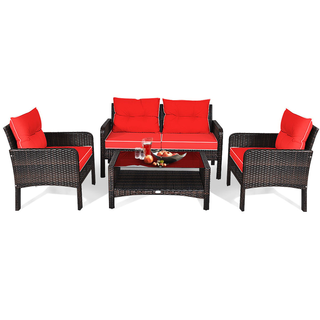 4PCS Rattan Patio Conversation Set Red Cushioned Outdoor Furniture Set Image 6