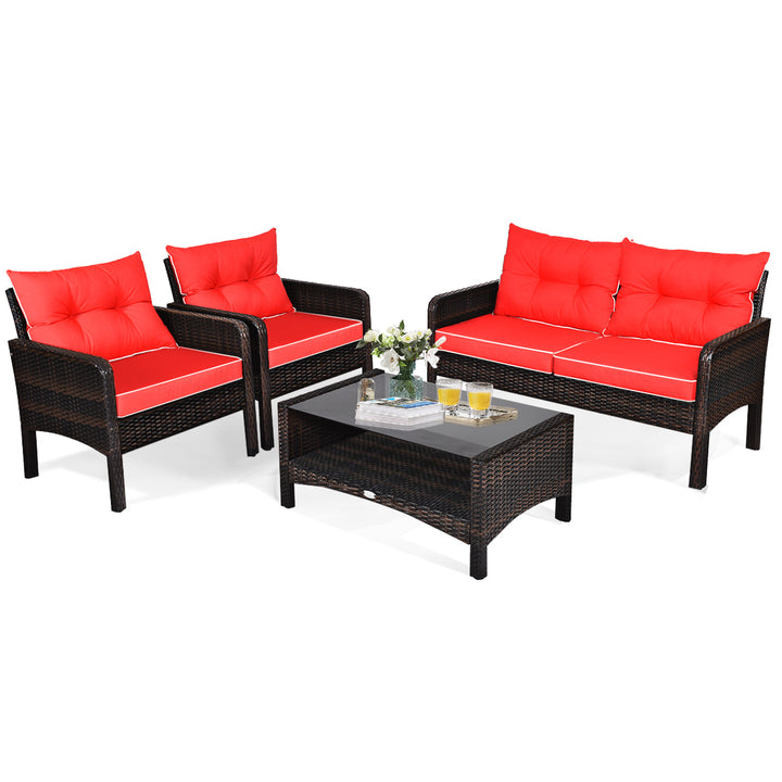 4PCS Rattan Patio Conversation Set Red Cushioned Outdoor Furniture Set Image 7