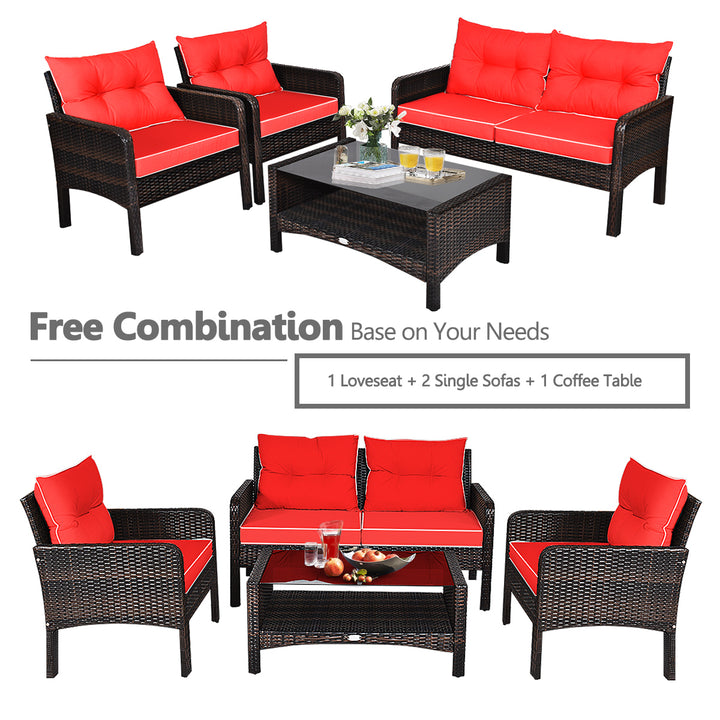 4PCS Rattan Patio Conversation Set Red Cushioned Outdoor Furniture Set Image 9