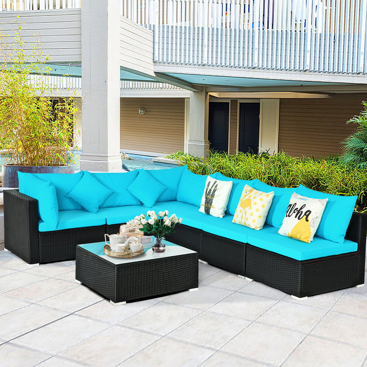 7PCS Rattan Patio Conversation Set Sectional Furniture Set w/ Blue Cushion Image 6