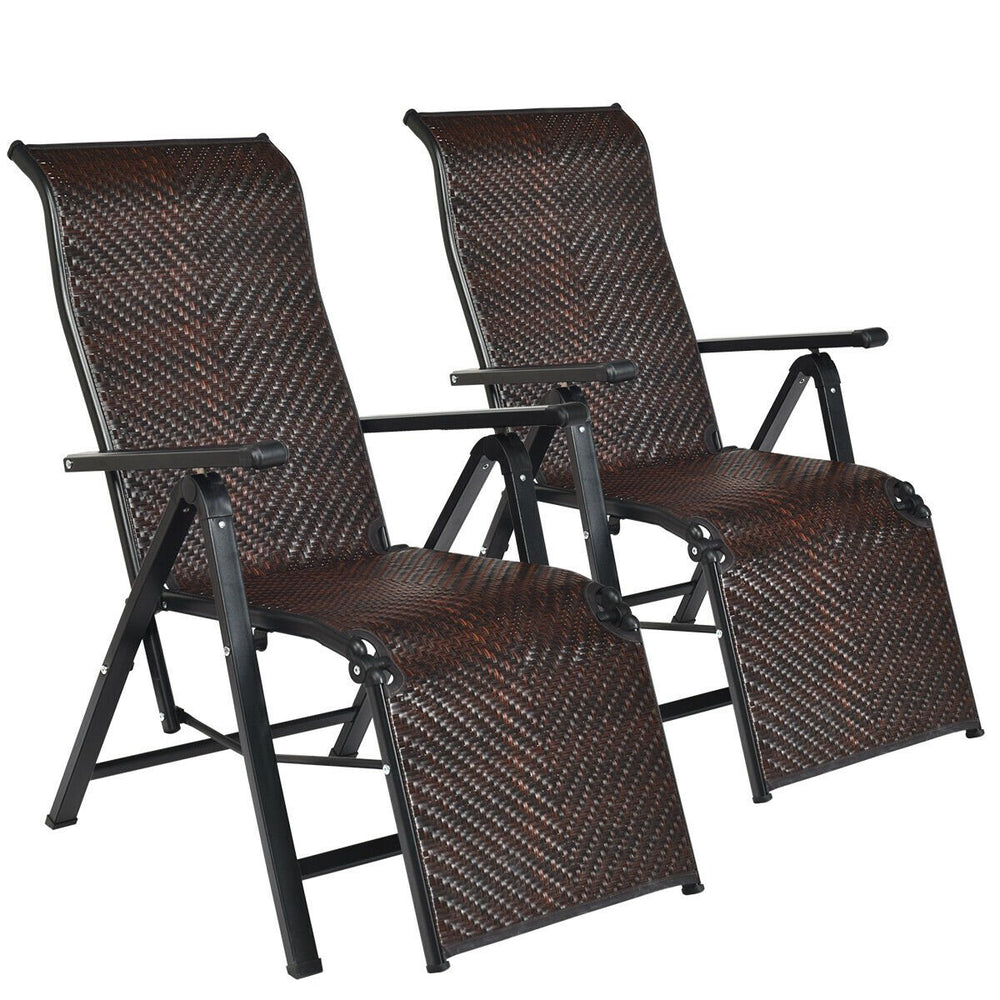 2PCS Patio Rattan Folding Lounge Chair Recliner Back Adjustable Beach Yard Pool Image 2