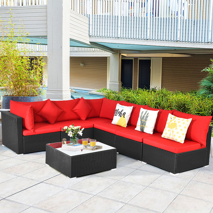 7PCS Rattan Patio Conversation Set Sectional Furniture Set w/ Red Cushion Image 6