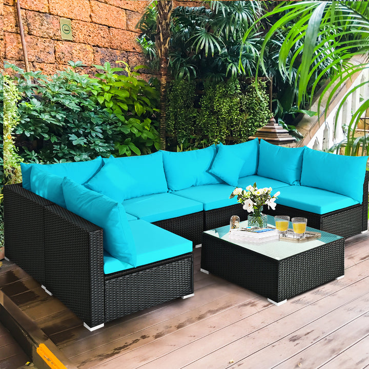 7PCS Rattan Patio Conversation Set Sectional Furniture Set w/ Blue Cushion Image 7