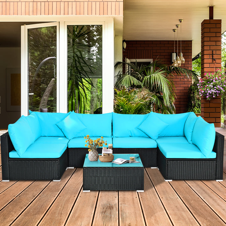 7PCS Rattan Patio Conversation Set Sectional Furniture Set w/ Blue Cushion Image 4