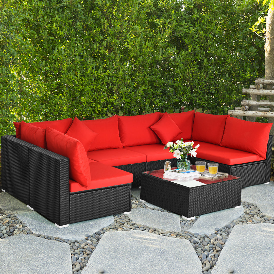 7PCS Rattan Patio Conversation Set Sectional Furniture Set w/ Red Cushion Image 7