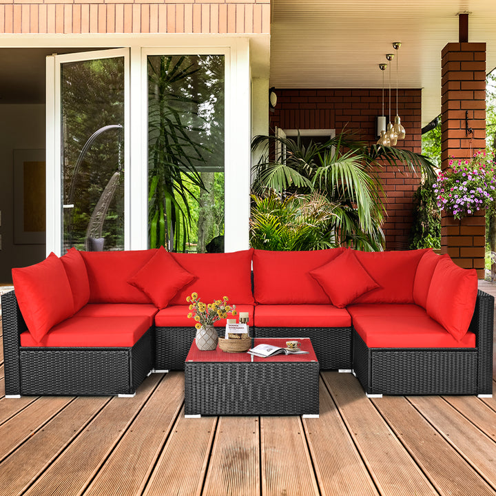 7PCS Rattan Patio Conversation Set Sectional Furniture Set w/ Red Cushion Image 4