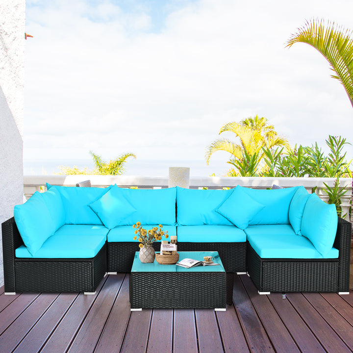 7PCS Rattan Patio Conversation Set Sectional Furniture Set w/ Blue Cushion Image 5