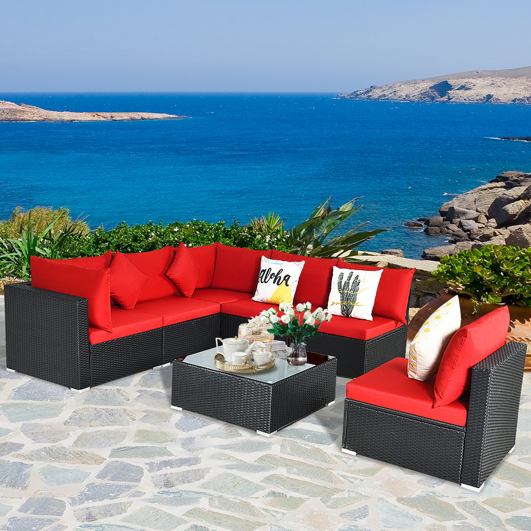 7PCS Rattan Patio Conversation Set Sectional Furniture Set w/ Red Cushion Image 5