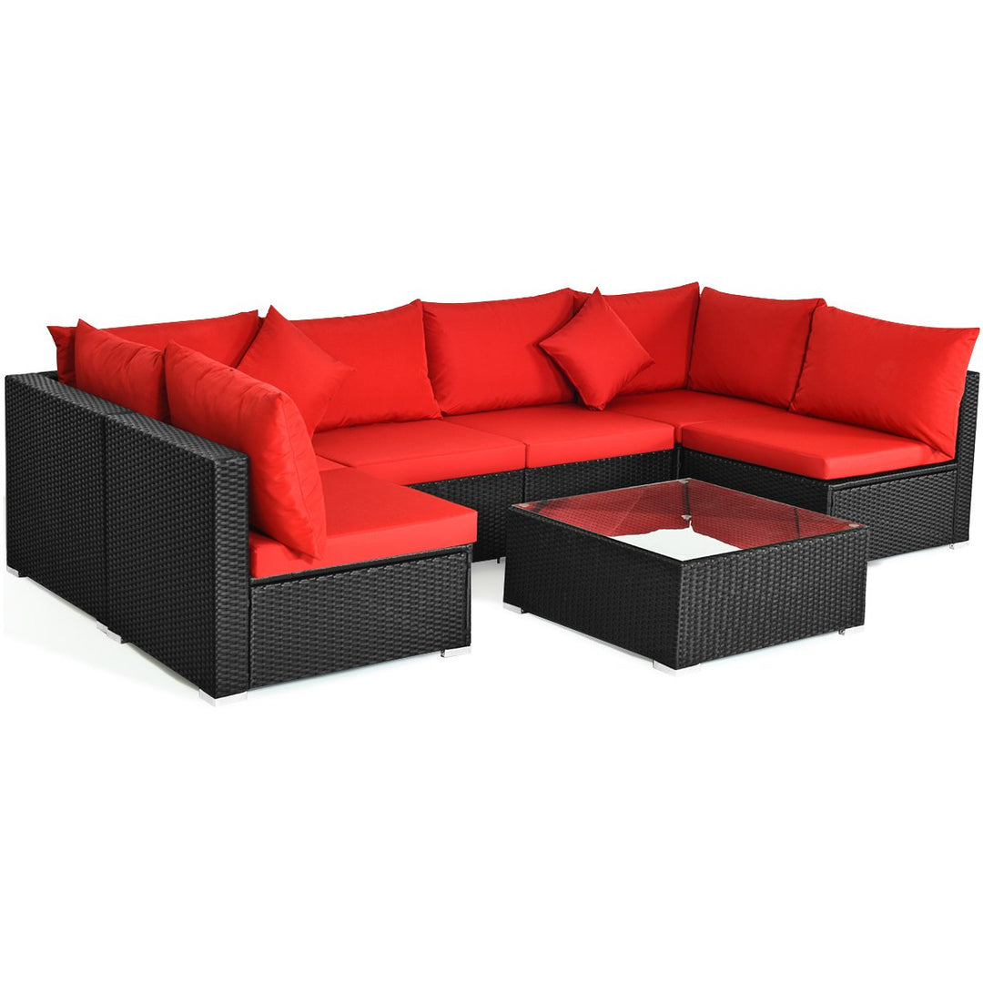 7PCS Rattan Patio Conversation Set Sectional Furniture Set w/ Red Cushion Image 2