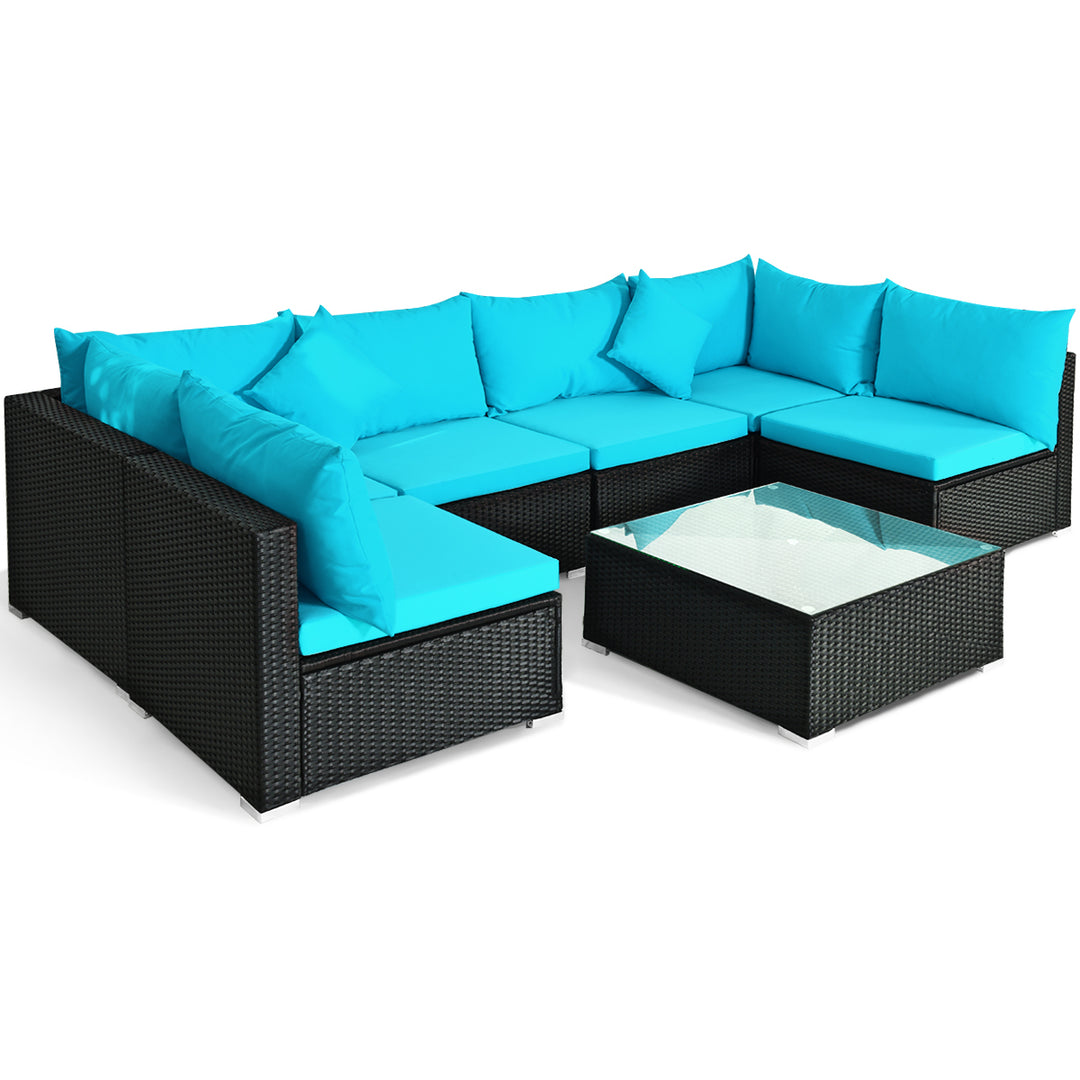 7PCS Rattan Patio Conversation Set Sectional Furniture Set w/ Blue Cushion Image 2