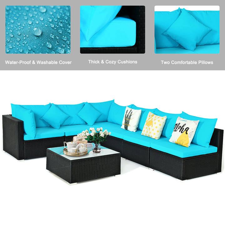 7PCS Rattan Patio Conversation Set Sectional Furniture Set w/ Blue Cushion Image 8