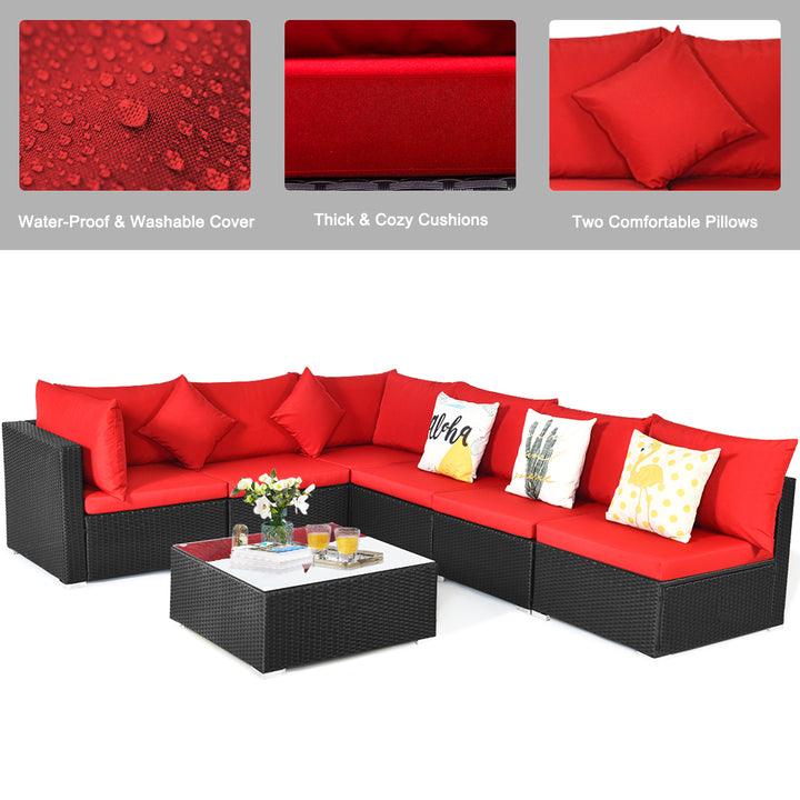 7PCS Rattan Patio Conversation Set Sectional Furniture Set w/ Red Cushion Image 8