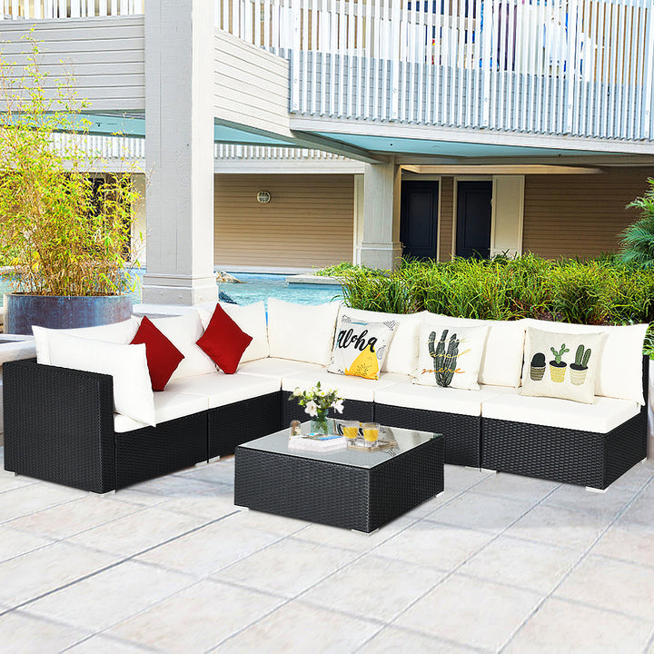 7PCS Rattan Patio Conversation Sectional Furniture Set w/ Cushion Pillow Image 6