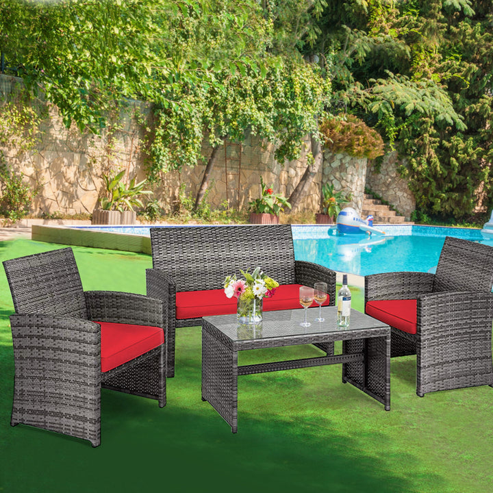 4PCS Patio Outdoor Rattan Conversation Furniture Set w/ Red Cushion Image 1