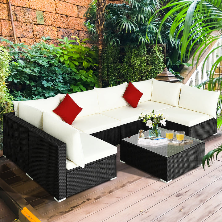 7PCS Rattan Patio Conversation Sectional Furniture Set w/ Cushion Pillow Image 7