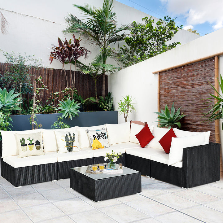 7PCS Rattan Patio Conversation Sectional Furniture Set w/ Cushion Pillow Image 5