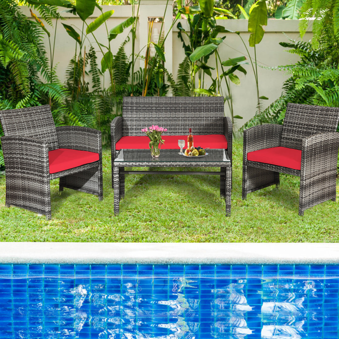 4PCS Patio Outdoor Rattan Conversation Furniture Set w/ Red Cushion Image 5