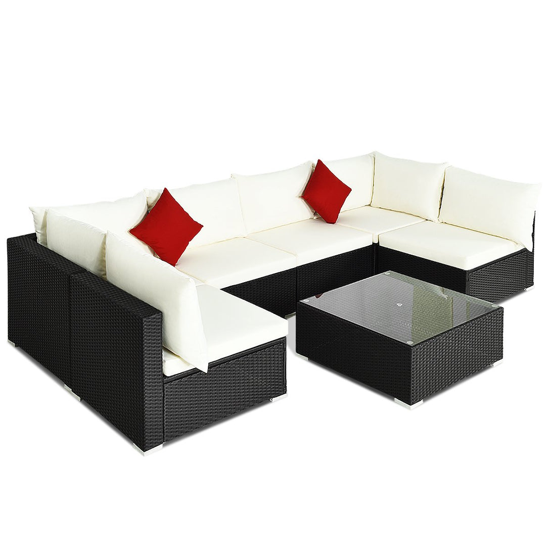 7PCS Rattan Patio Conversation Sectional Furniture Set w/ Cushion Pillow Image 2