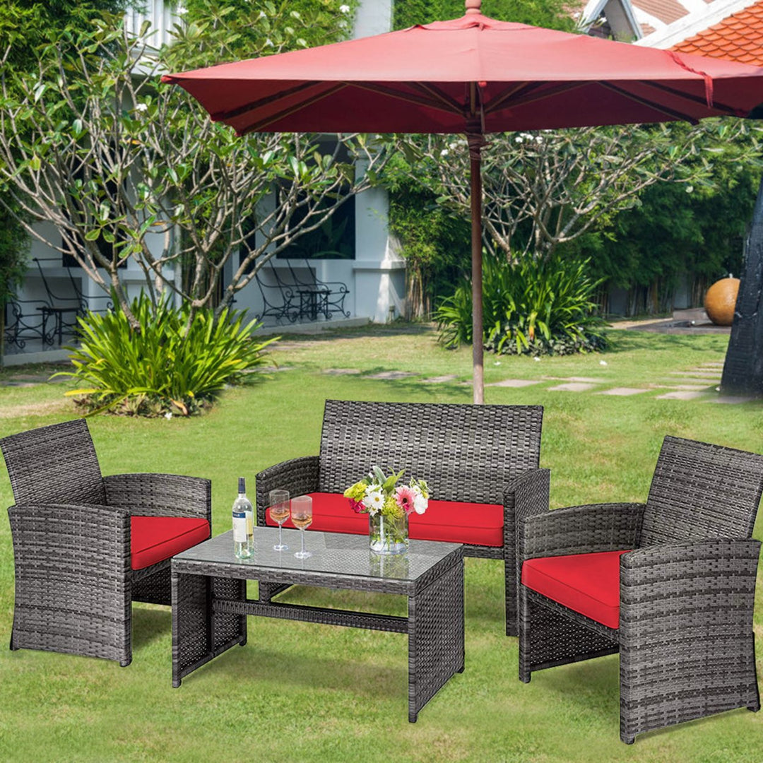 4PCS Patio Outdoor Rattan Conversation Furniture Set w/ Red Cushion Image 4