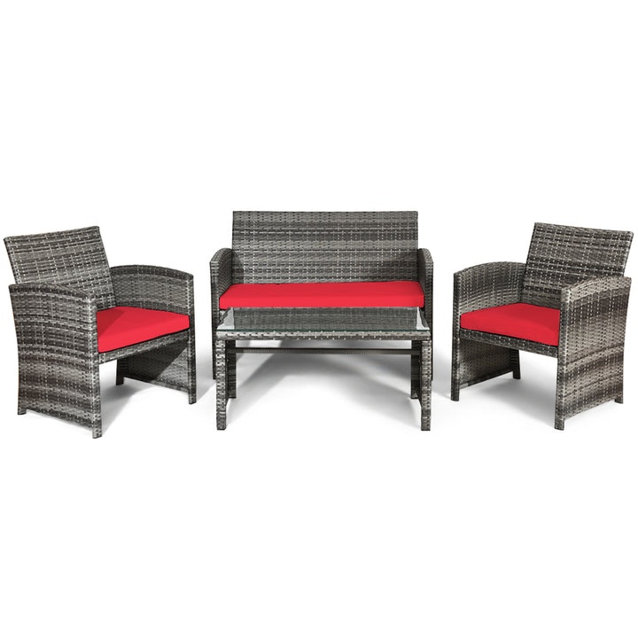 4PCS Patio Outdoor Rattan Conversation Furniture Set w/ Red Cushion Image 2