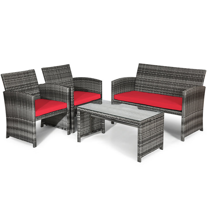 4PCS Patio Outdoor Rattan Conversation Furniture Set w/ Red Cushion Image 6