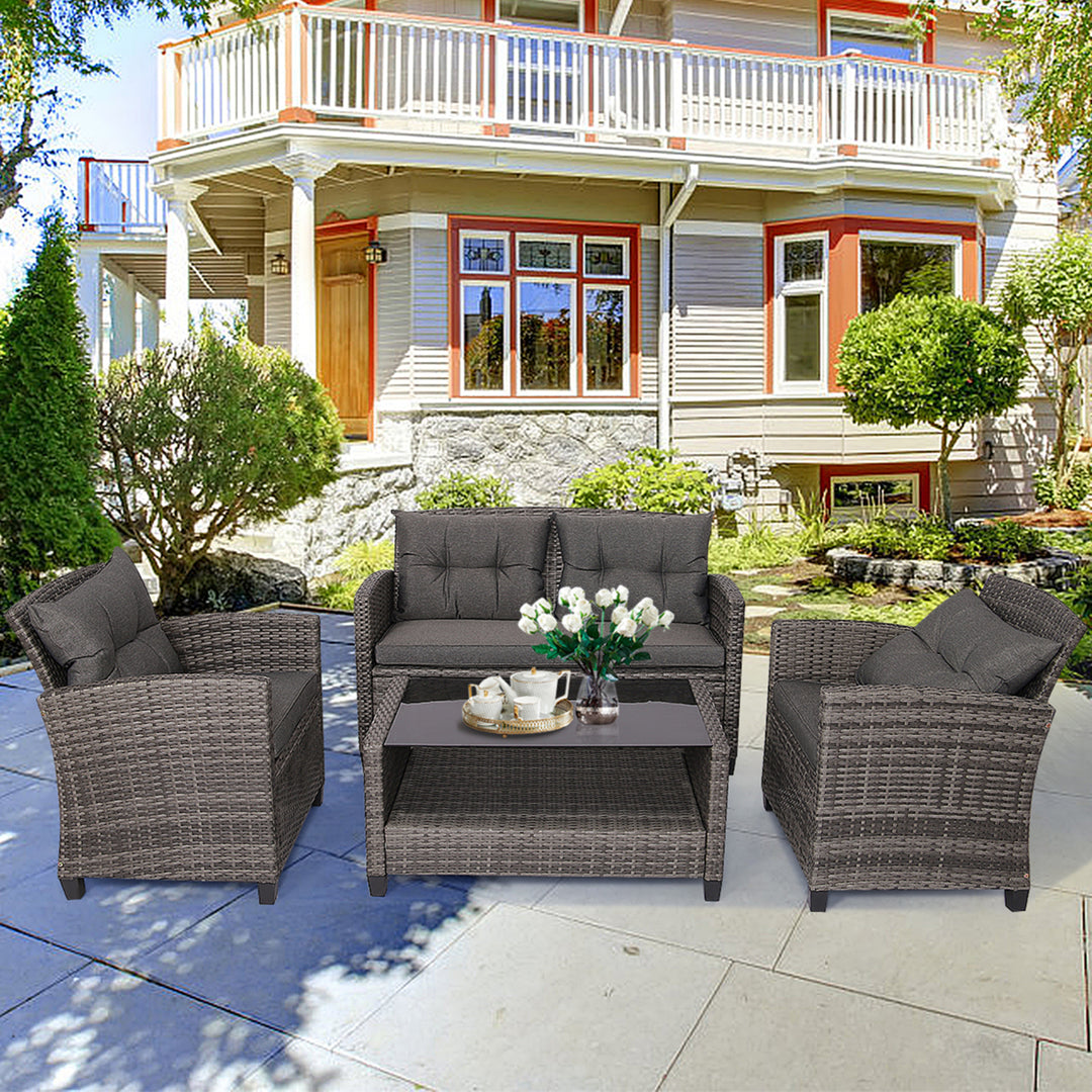 8PCS Rattan Patio Conversation Set Cushioned Outdoor Furniture Set Image 3