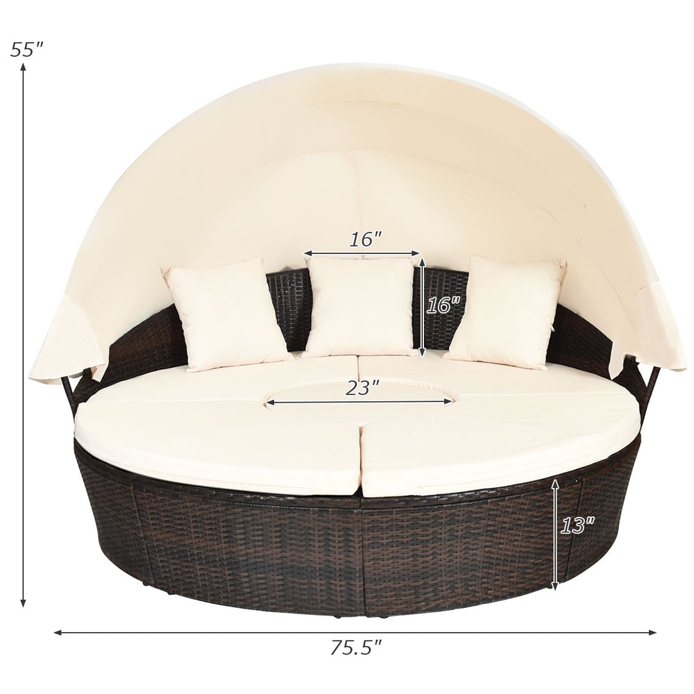 Gymax Cushioned Patio Rattan Round Daybed w/ Adjustable Table 3 Pillows Canopy Image 2