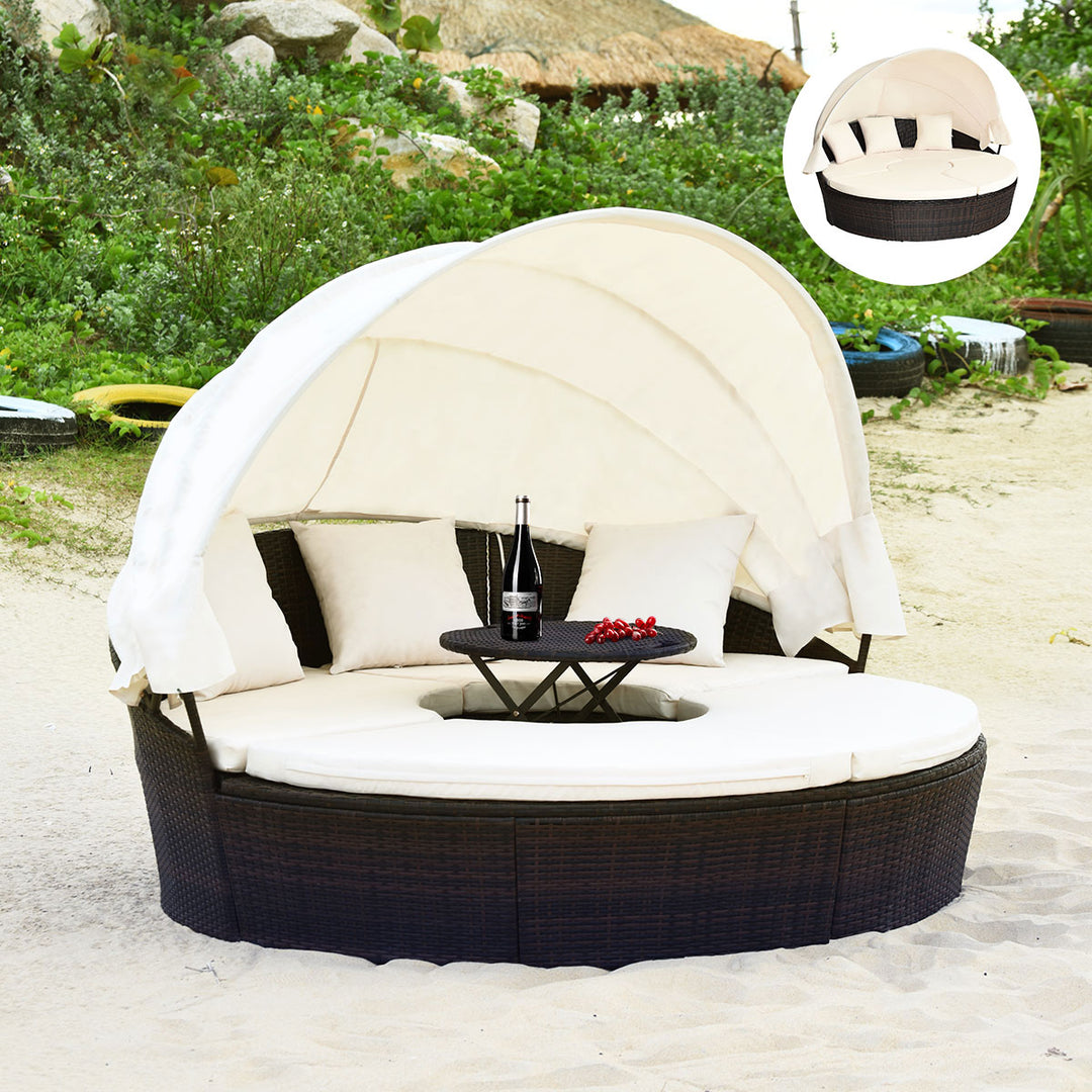 Gymax Cushioned Patio Rattan Round Daybed w/ Adjustable Table 3 Pillows Canopy Image 4