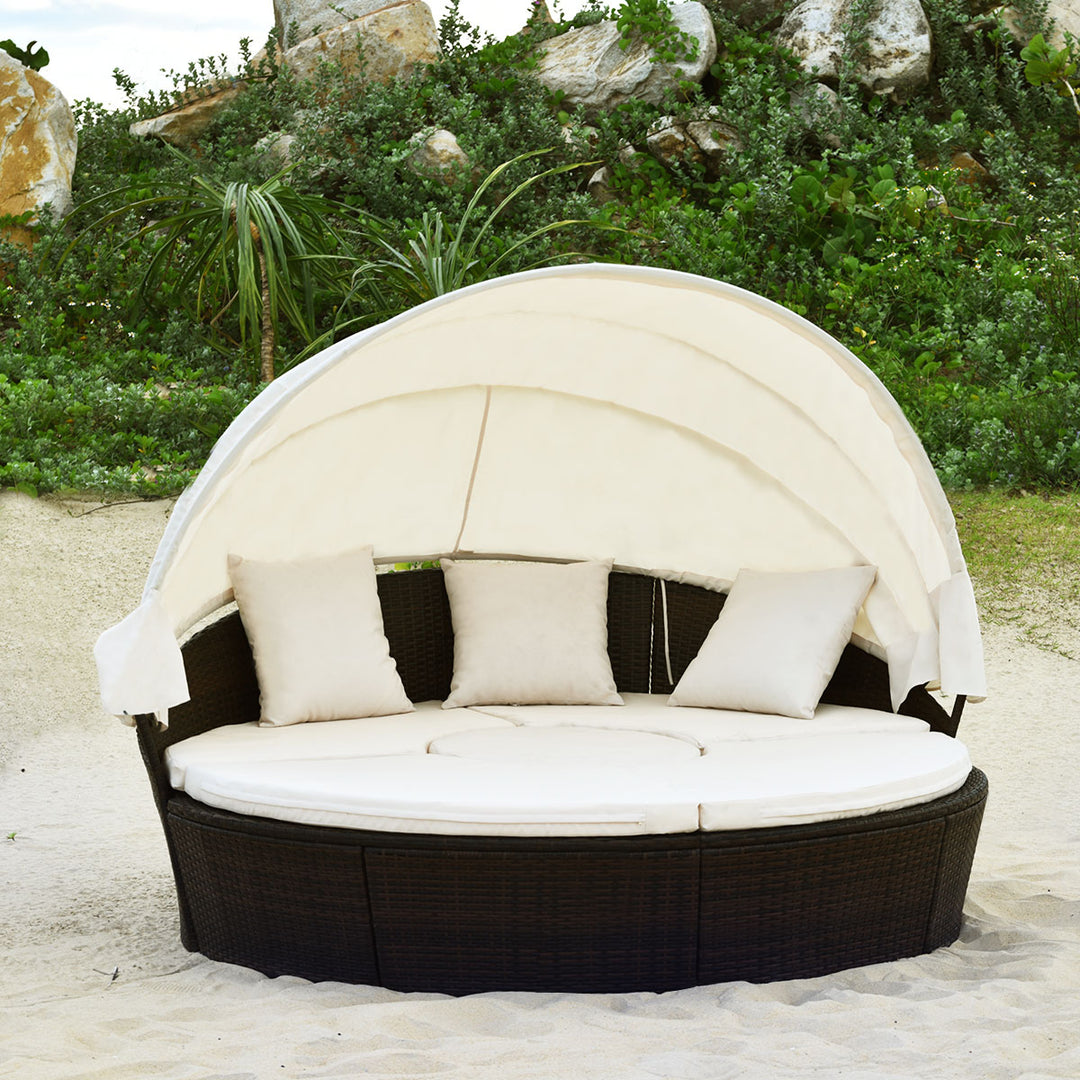 Gymax Cushioned Patio Rattan Round Daybed w/ Adjustable Table 3 Pillows Canopy Image 5