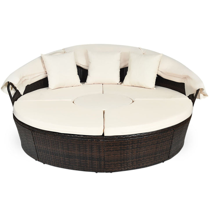 Gymax Cushioned Patio Rattan Round Daybed w/ Adjustable Table 3 Pillows Canopy Image 6