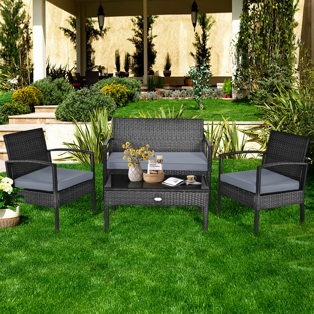 Patio Garden 4PC Rattan Wicker Furniture Set Black Image 1