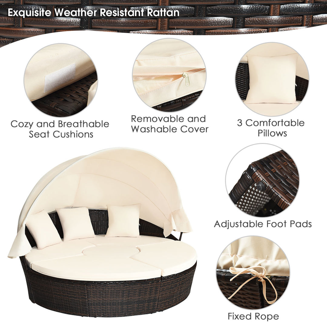 Gymax Cushioned Patio Rattan Round Daybed w/ Adjustable Table 3 Pillows Canopy Image 8