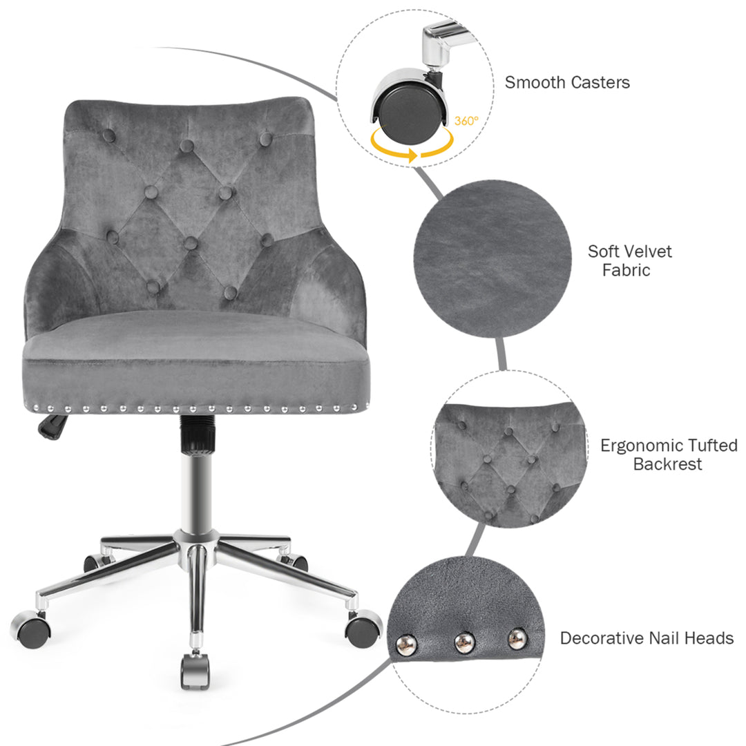 Velvet Office Chair Tufted Upholstered Swivel Computer Desk Chair w/ Nailed Trim Image 10