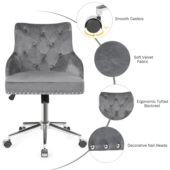 Velvet Office Chair Tufted Upholstered Swivel Computer Desk Chair w/ Nailed Trim Image 10