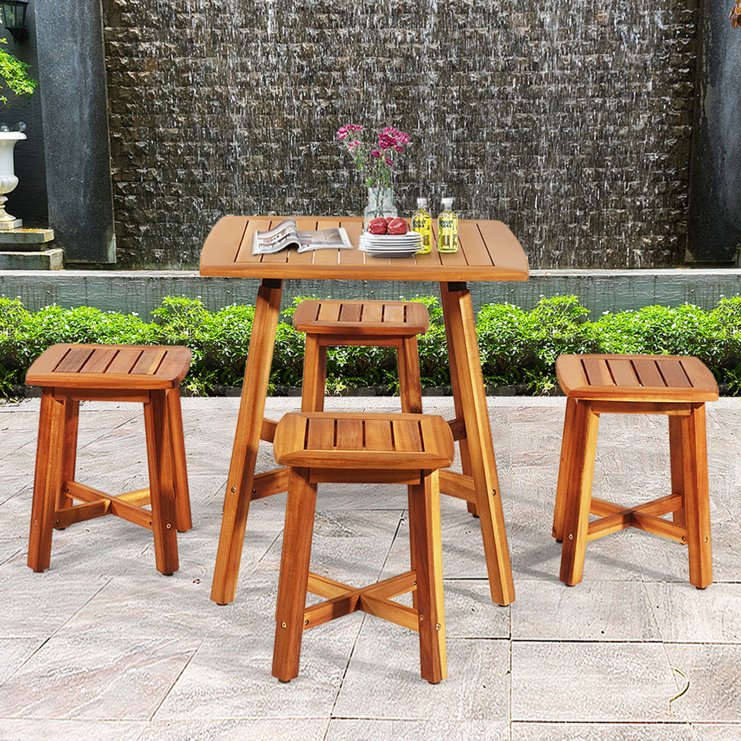 5PCS Wooden Patio Dining Furniture Set Yard Outdoor w/ 4 Square Stools Image 1