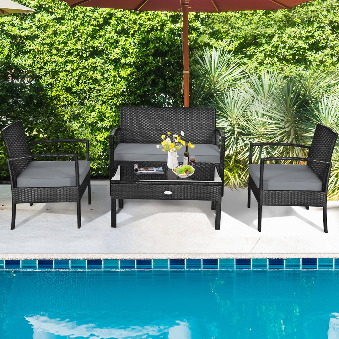 Patio Garden 4PC Rattan Wicker Furniture Set Black Image 4