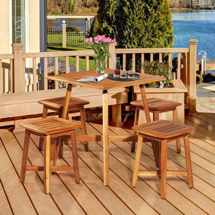 5PCS Wooden Patio Dining Furniture Set Yard Outdoor w/ 4 Square Stools Image 5