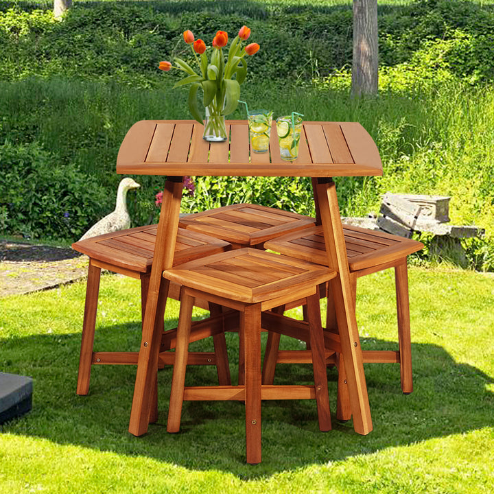 5PCS Wooden Patio Dining Furniture Set Yard Outdoor w/ 4 Square Stools Image 4