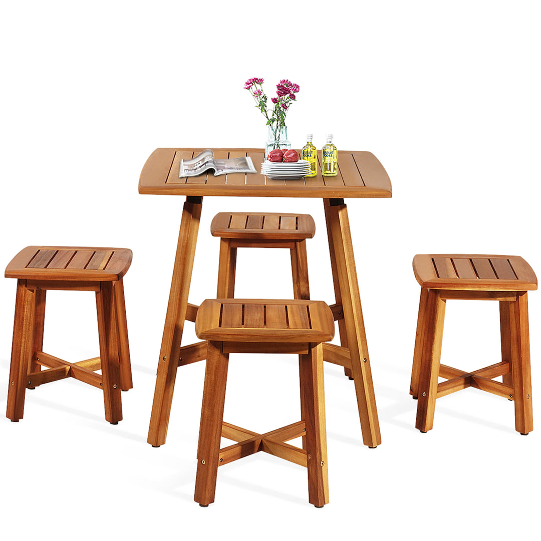 5PCS Wooden Patio Dining Furniture Set Yard Outdoor w/ 4 Square Stools Image 6