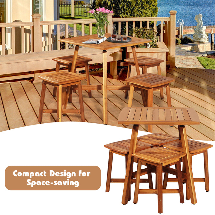 5PCS Wooden Patio Dining Furniture Set Yard Outdoor w/ 4 Square Stools Image 8