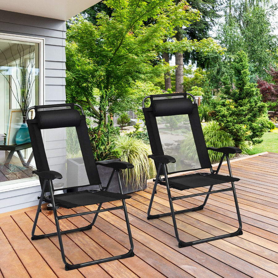 2PC Folding Chairs Adjustable Reclining Chairs with Headrest Patio Garden Black Image 1